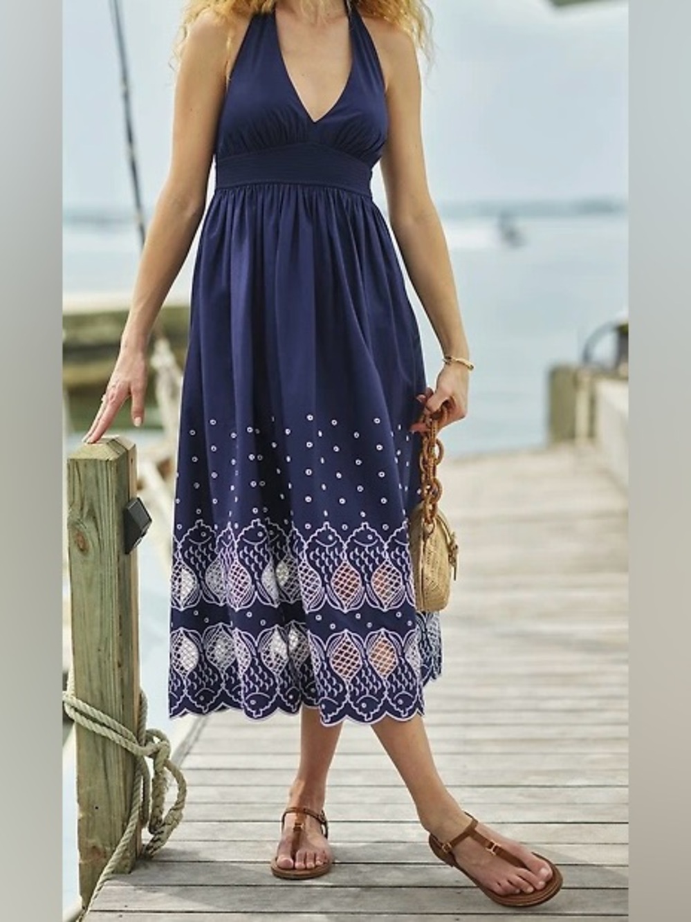 Vineyard Vines Navy Sconset Eyelet Halter Dress Size L NWT